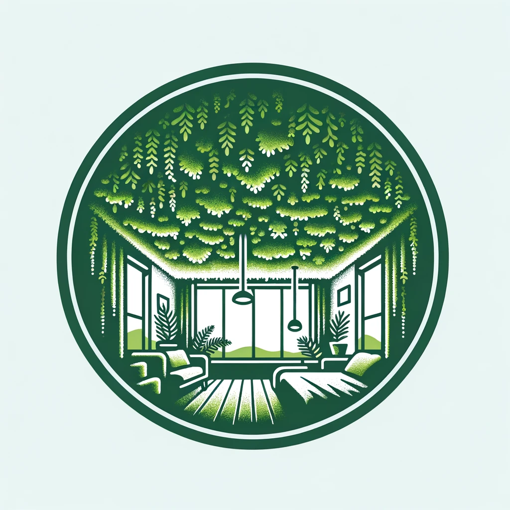 DALL·E 2024-01-23 15.07.49 – Icon representing a moss ceiling covering, not in a circle_ The icon should clearly depict a room ceiling covered in lush green moss, with a few plant DALL·E 2024-01-23 15.07.49 - Icon representing a moss ceiling covering, not in a circle_ The icon should clearly depict a room ceiling covered in lush green moss, with a few plant